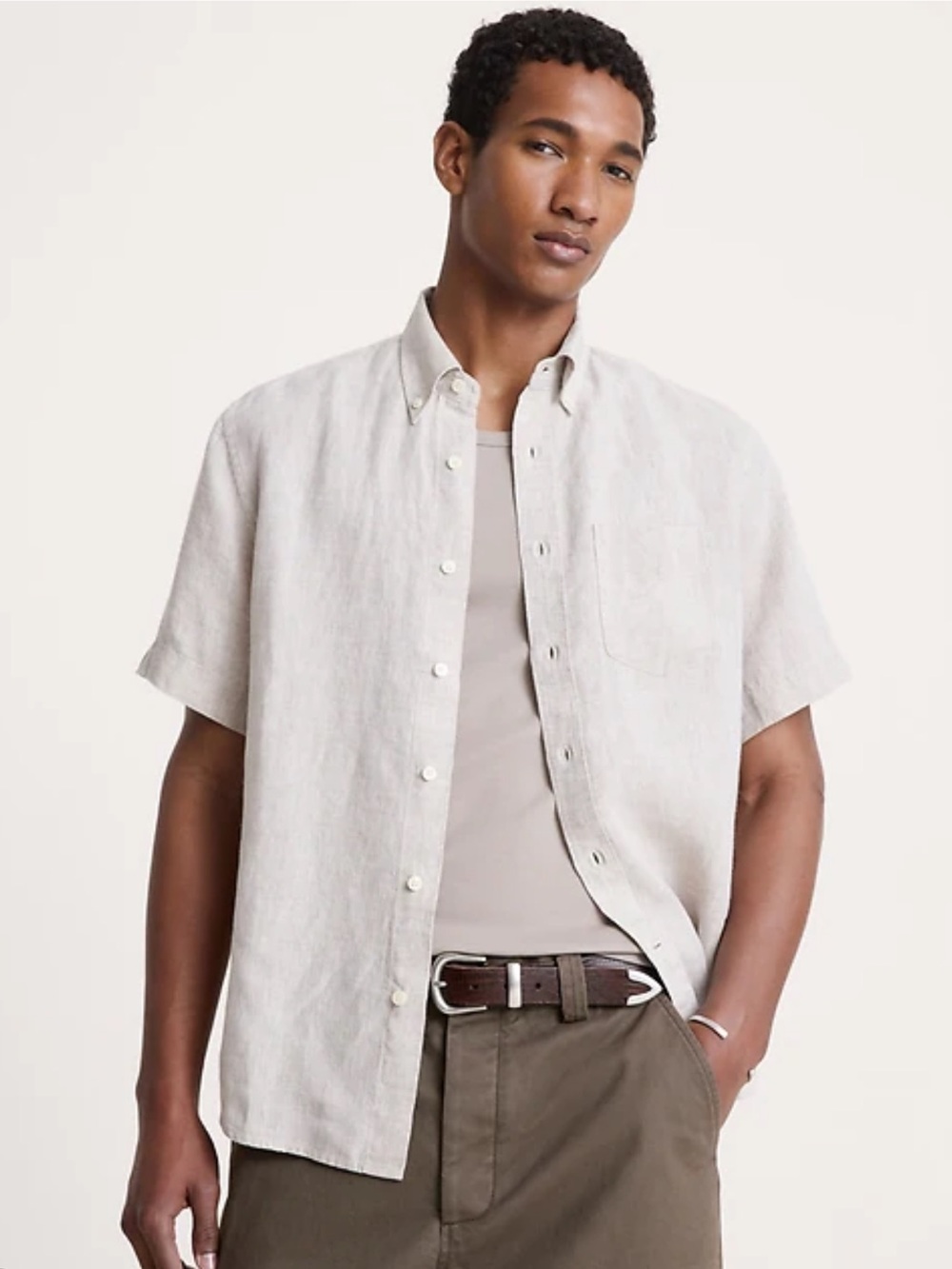 BANANA REPUBLIC Linen Short-Sleeve Shirt Slim Fit White Button Up Size Large